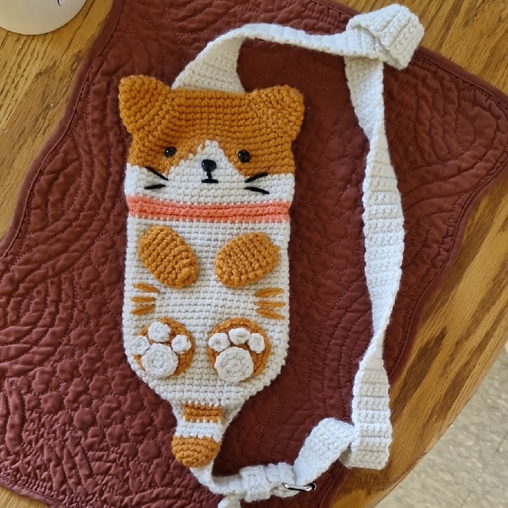 Handmade Crochet By Me Cream and Orange Cat Crossbody Bag - Cute Pet Design